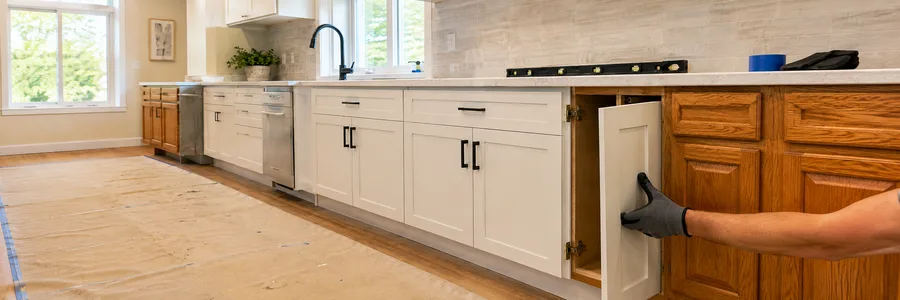 Kitchen mid-refacing: new white shaker doors beside dated oak doors