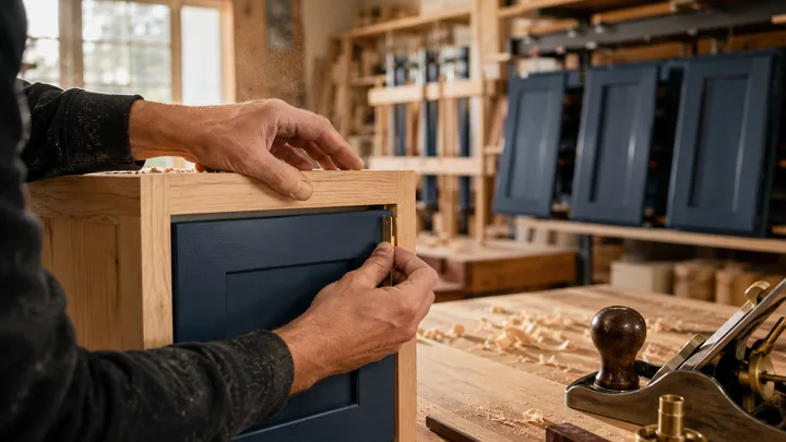 Cabinetmaker fitting an ink-blue inset door into an oak face frame at a workbench