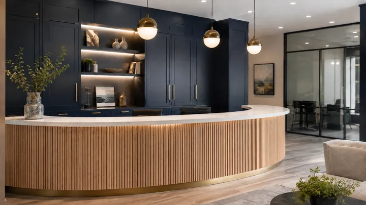 Curved oak-slat reception desk with ink-blue wall cabinetry behind it
