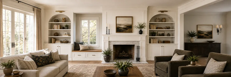 Cream built-in bookcases with arched tops flanking a fireplace, window seat between