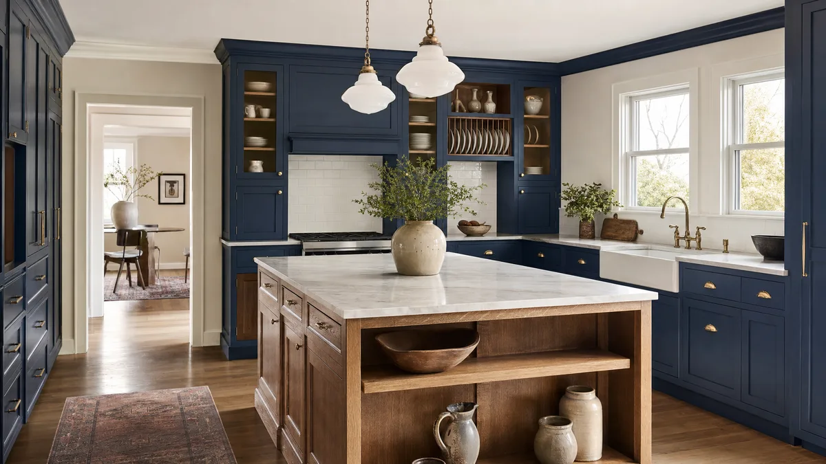 Custom kitchen with ink-blue inset shaker cabinets, a quarter-sawn oak island, and brass hardware