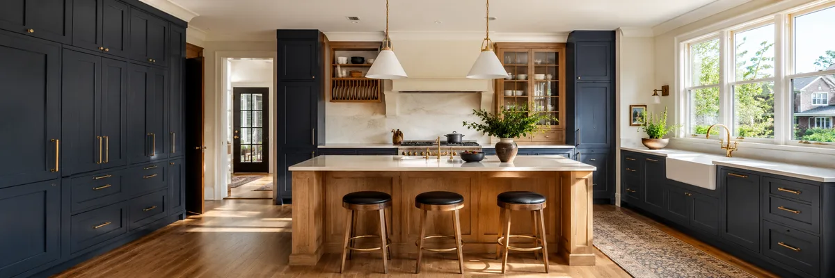 Full-height ink-blue kitchen cabinets with an oak island under pendant lights