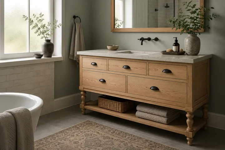 Furniture-style quarter-sawn oak bathroom vanity with a stone top