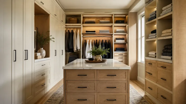 Walk-in closet system in cream and oak with an island dresser